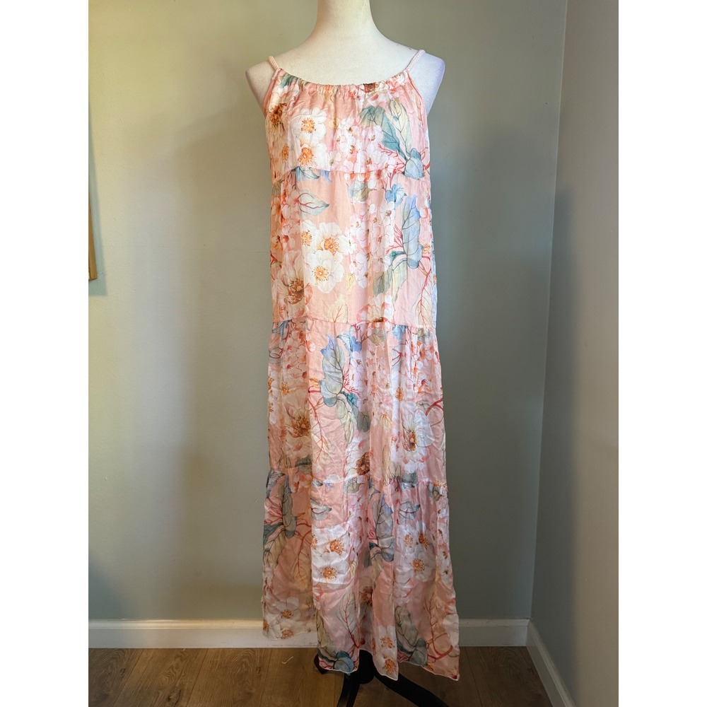 Elena Baldi pink Floral Silk Midi Dress Italy M boho dainty resort beach costal